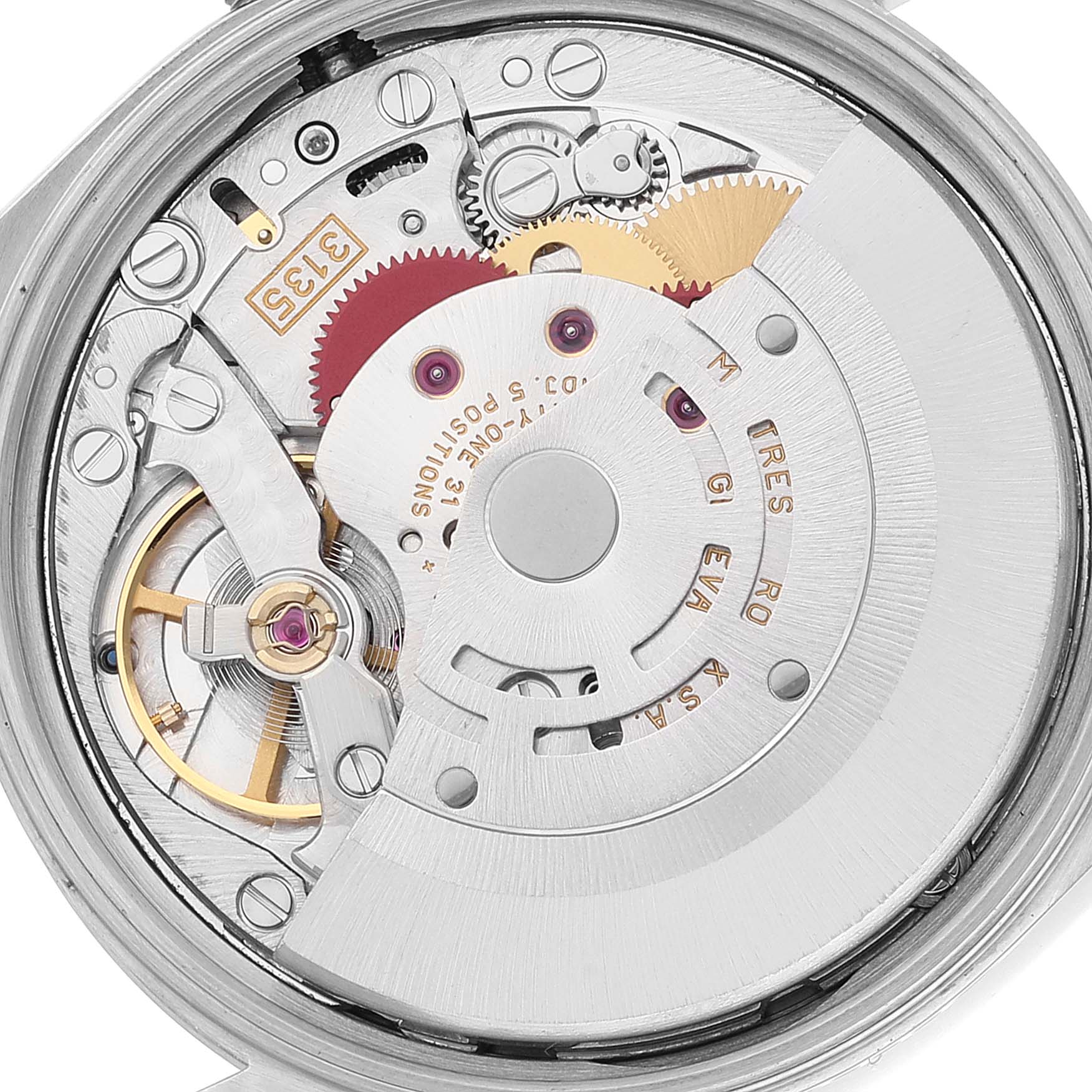 The image shows the internal mechanism of a Rolex Date 15200 Men's Stainless Steel Black Dial 15200 Men's Stainless Steel Black Dial model watch, showcasing gears and the rotor.
