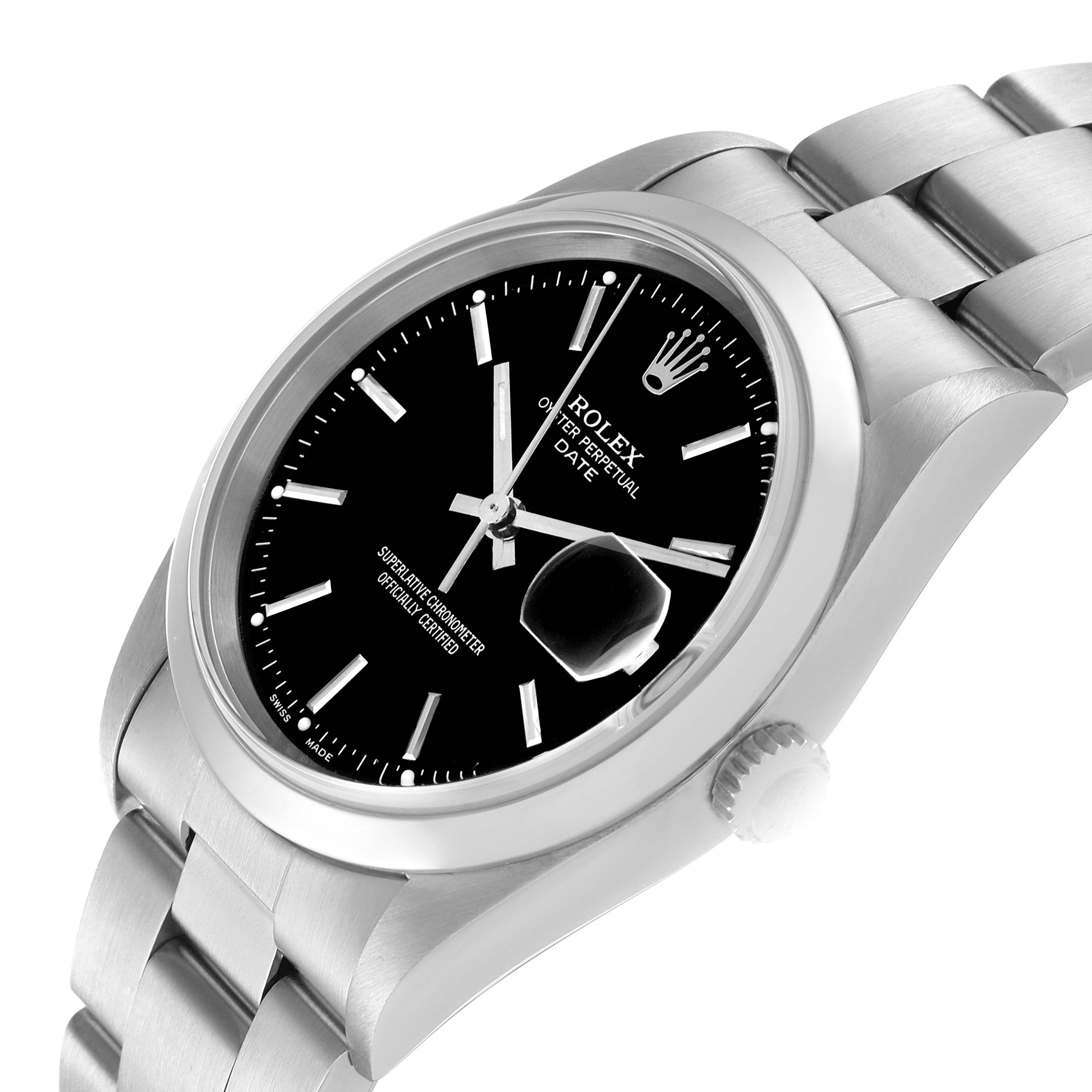 This image shows a side angle of a Rolex Date 15200 Men's Stainless Steel Black Dial 15200 Men's Stainless Steel Black Dial model watch, including the dial, bezel, case, and part of the bracelet.