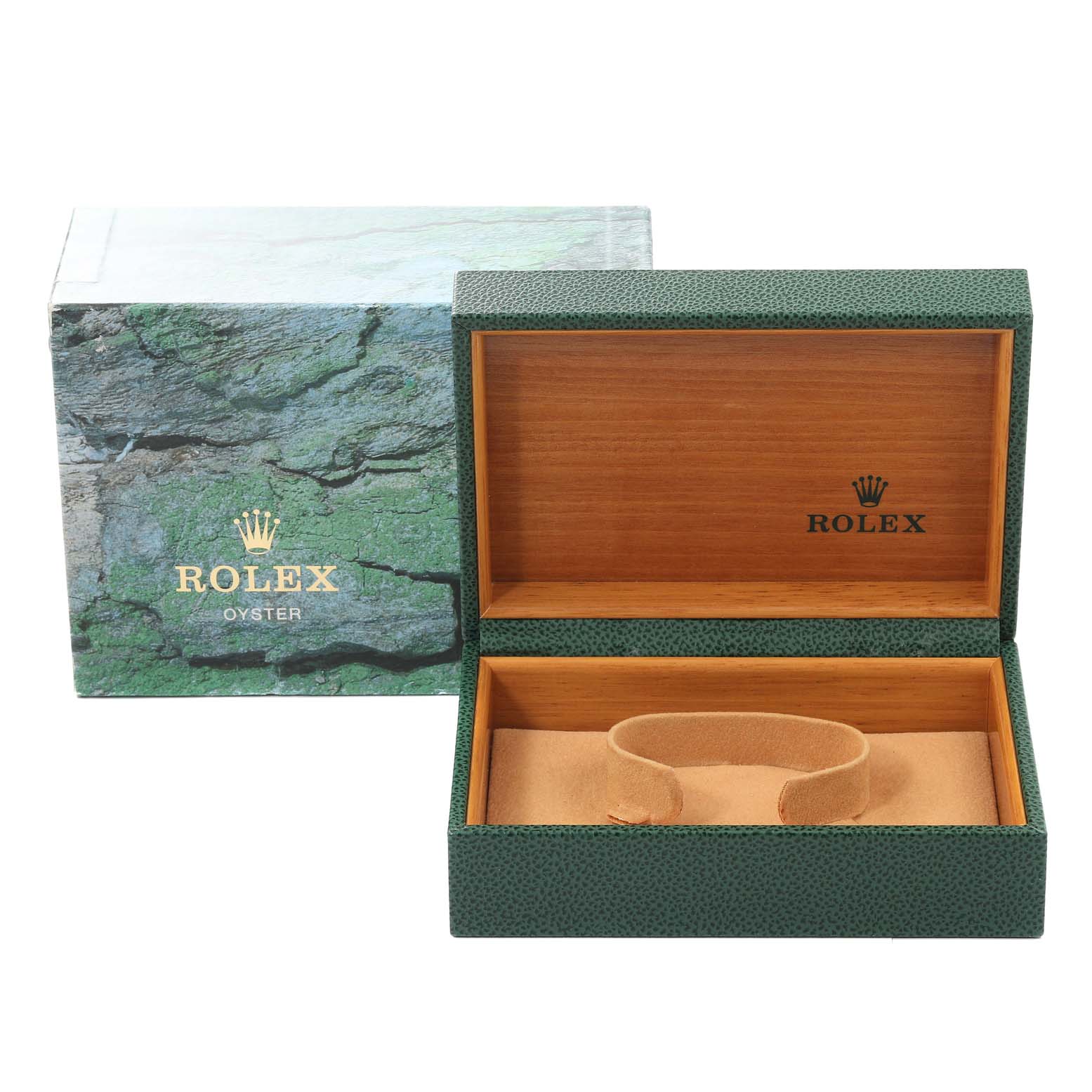 This image shows the open box and outer packaging for a Rolex Date 15200 Men's Stainless Steel Black Dial 15200 Men's Stainless Steel Black Dial model watch, revealing the cushioned interior.