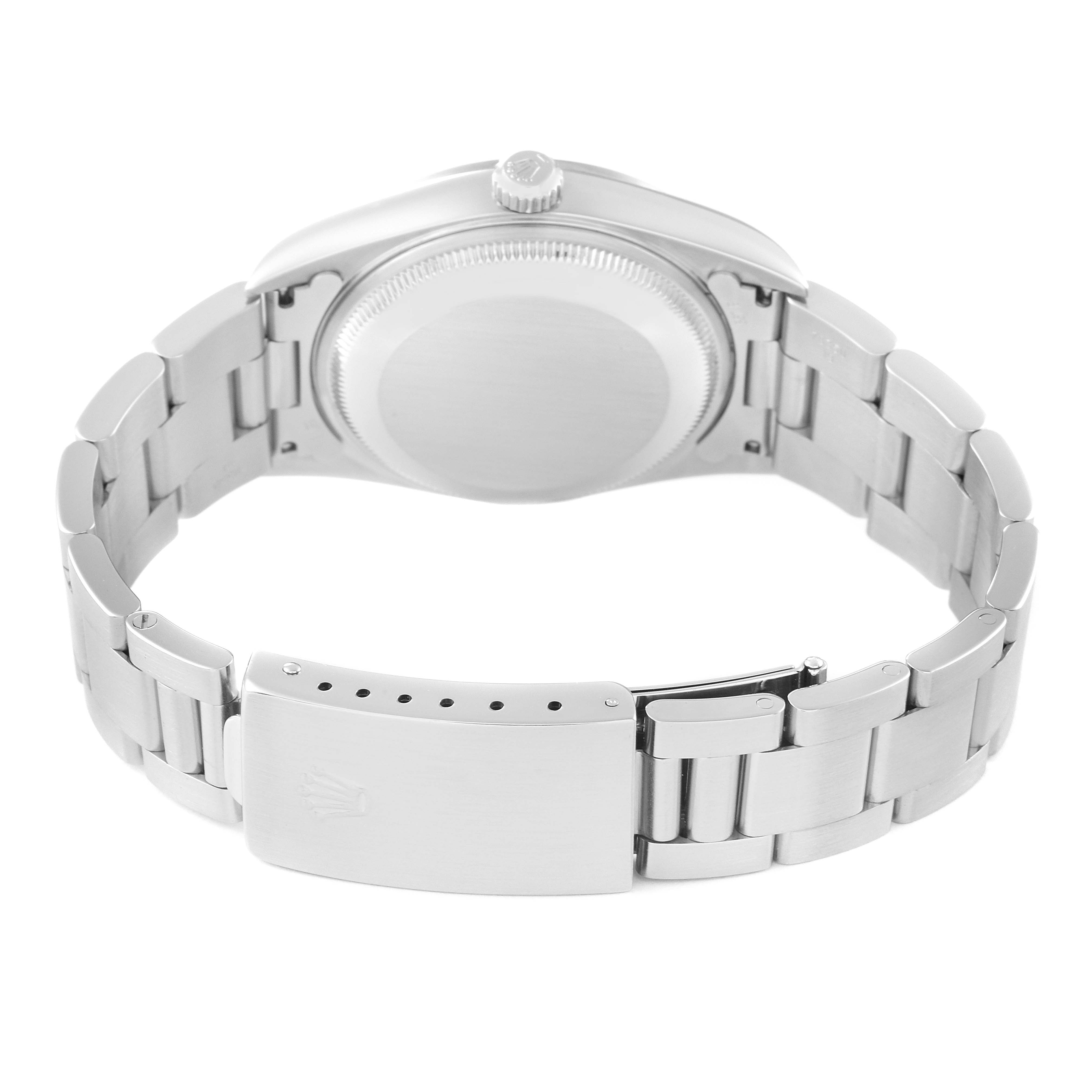 This image shows the back view of a Rolex Date 15200 Men's Stainless Steel Black Dial 15200 Men's Stainless Steel Black Dial model watch, focusing on the bracelet and clasp.