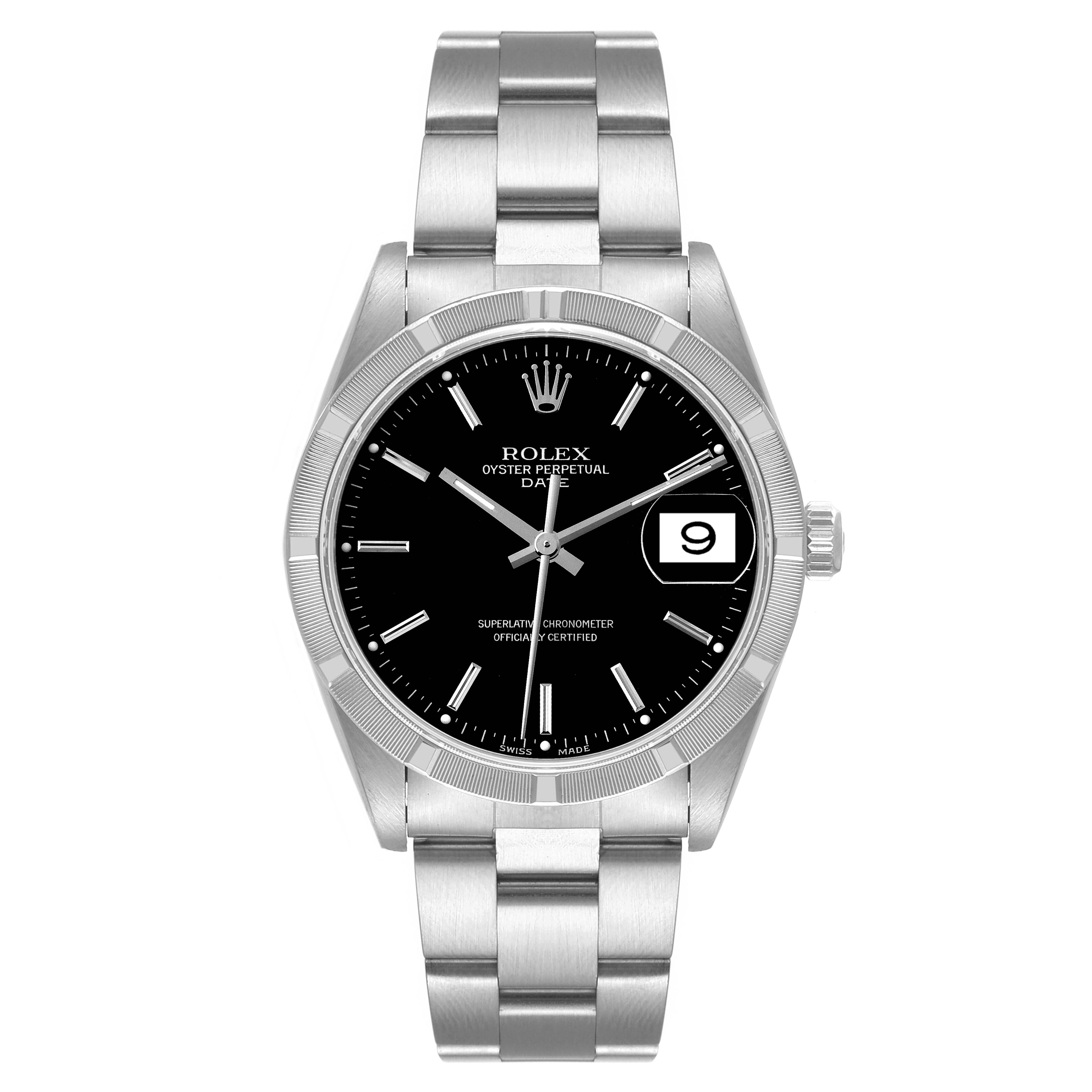 The image shows a front view of a Rolex Oyster Perpetual Date watch, showcasing its dial, bezel, and bracelet.