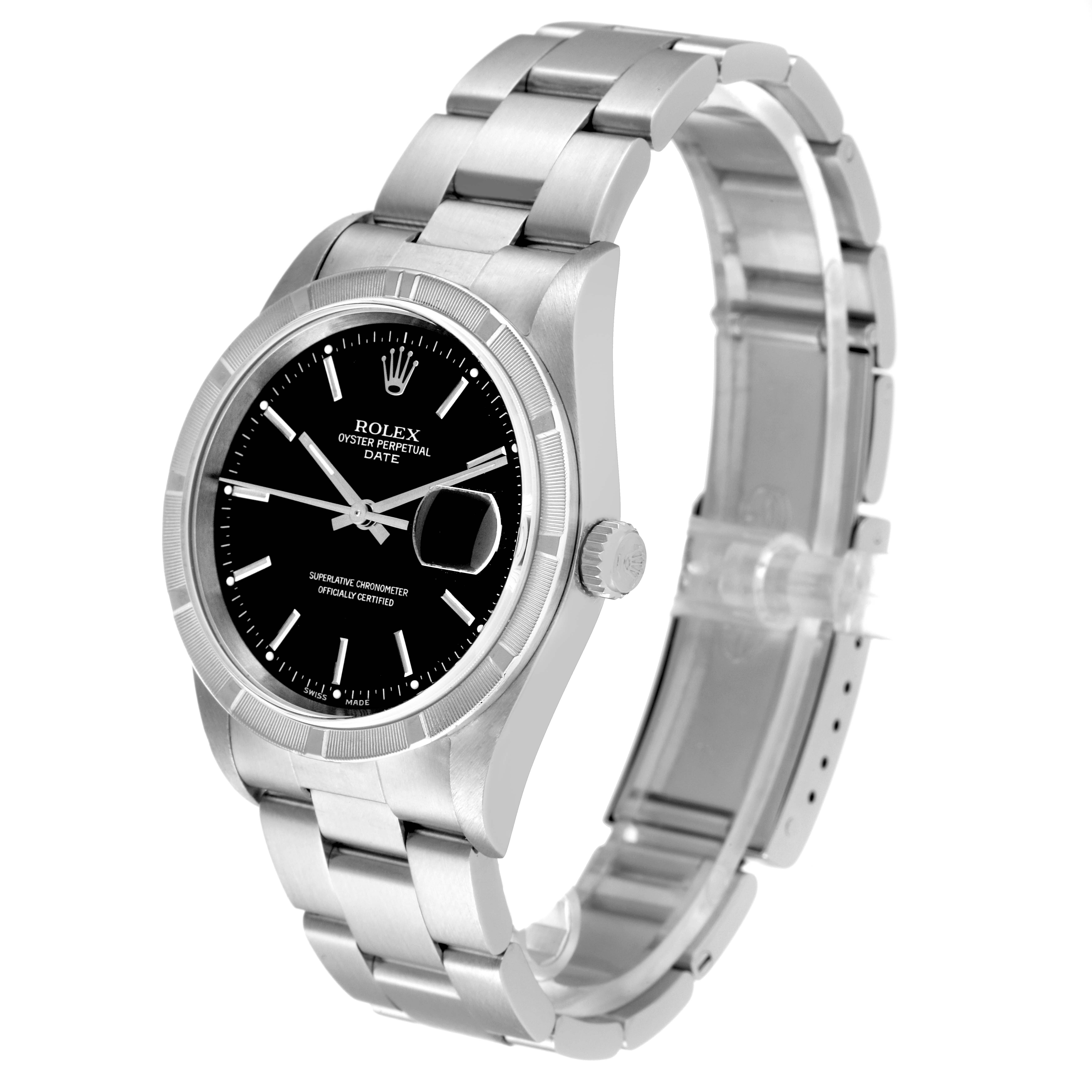 The image shows a Rolex Date 15210 Men's Stainless Steel Black Dial 15210 Men's Stainless Steel Black Dial model watch viewed from an angle showcasing the face, bezel, crown, and bracelet.