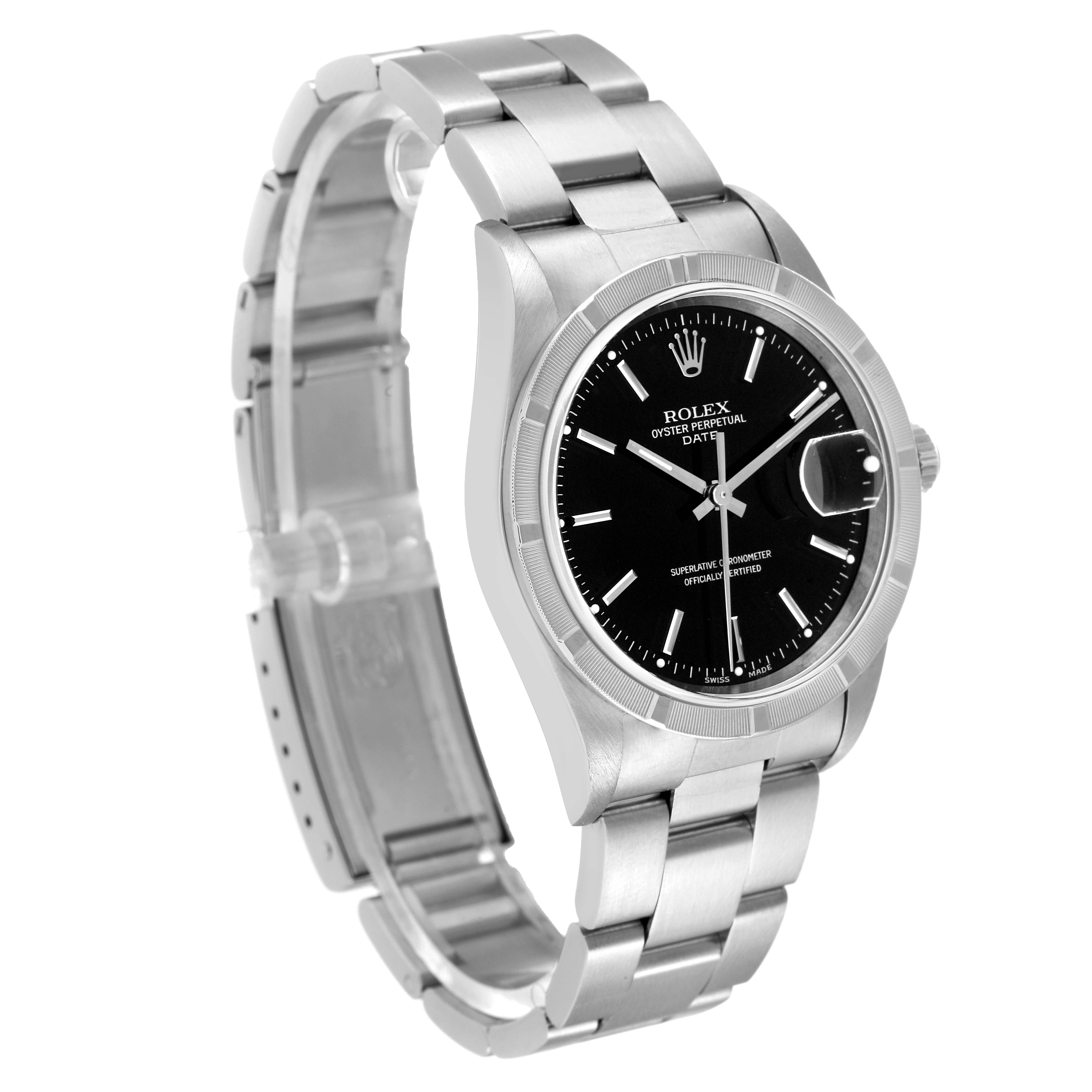 The image shows a Rolex Date 15210 Men's Stainless Steel Black Dial 15210 Men's Stainless Steel Black Dial model watch at a three-quarter angle, highlighting the dial, bracelet, and clasp.