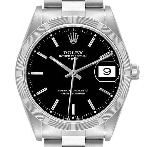 The image shows a front view of the Rolex Oyster Perpetual Date model, highlighting the dial, hands, bezel, and bracelet.