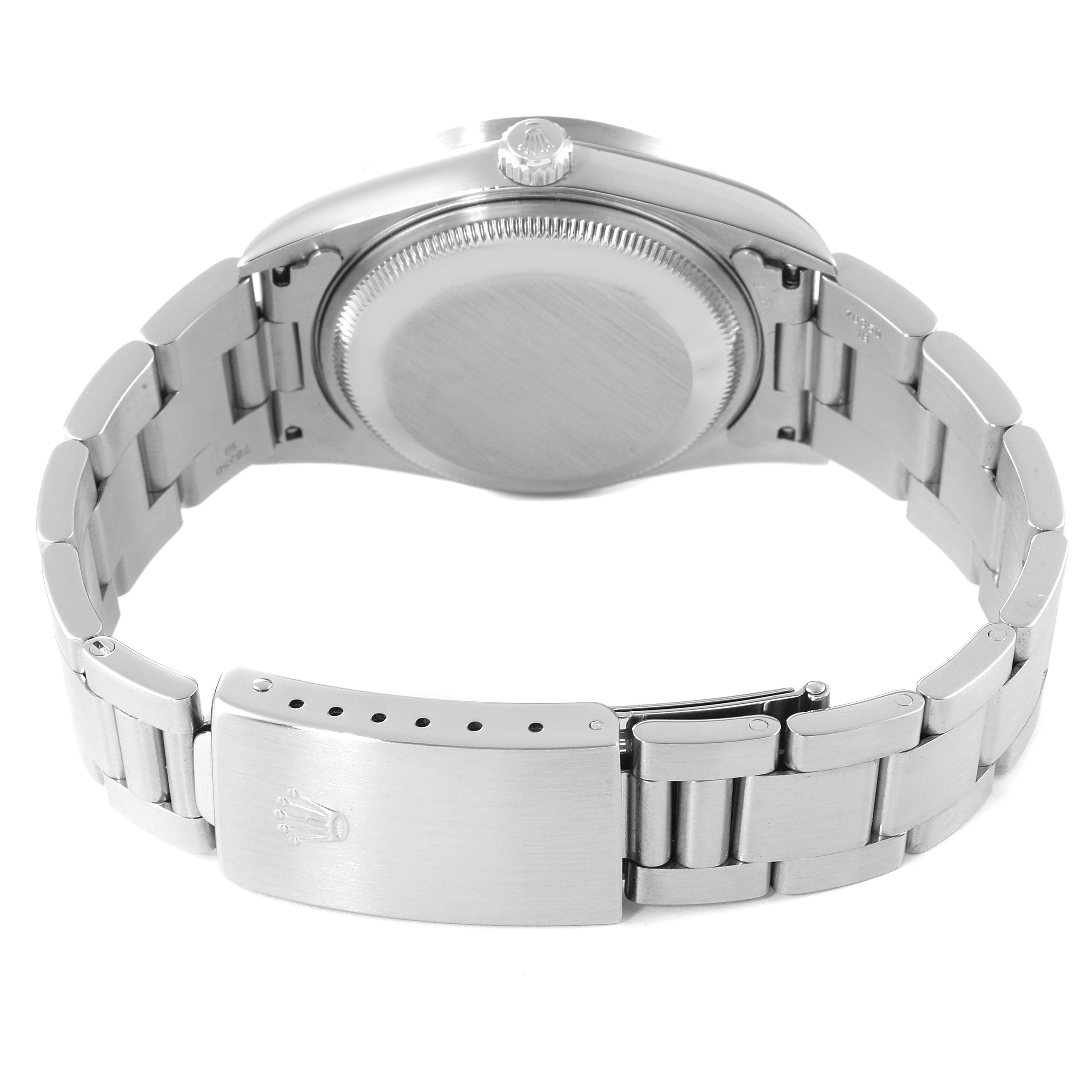 This image shows the back view of a Rolex Date 15210 Men's Stainless Steel Black Dial 15210 Men's Stainless Steel Black Dial model watch, highlighting the case back, crown, and the clasp of the metal bracelet.