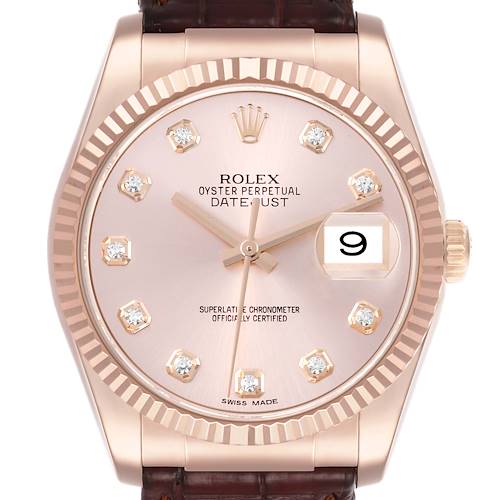 The Rolex Datejust 116135 Men's Rose Gold Pink Dial 116135 Men's Rose Gold Pink Dial is shown from the front, displaying the dial, hands, bezel, and partially the leather strap.