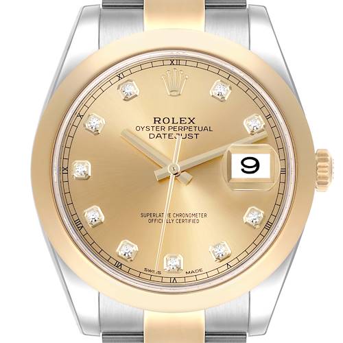 The Rolex Datejust 41 126303 Men's Steel and Gold (two tone) Champagne Dial 126303 Men's Steel and Gold (two tone) Champagne Dial is shown from a front angle, displaying the gold dial, diamond markers, and the date with a magnified window.