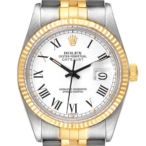 The image shows a front view of a Rolex Vintage Collection 16013 Men's Steel and Gold (two tone) White Dial 16013 Men's Steel and Gold (two tone) White Dial watch, highlighting the dial, bezel, and partly visible bracelet.