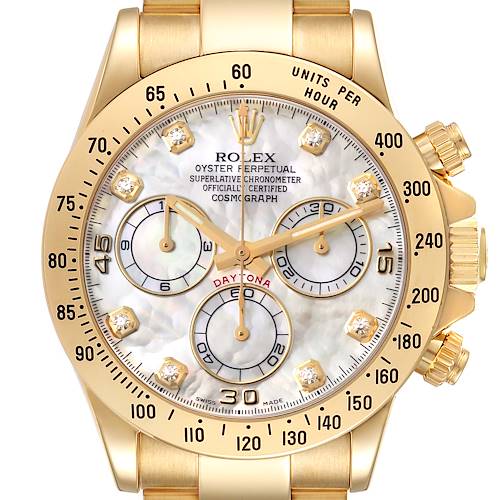 This is a close-up view of a Rolex Daytona 116528 Men's Yellow Gold Mother of Pearl Dial 116528 Men's Yellow Gold Mother of Pearl Dial watch, showing the dial, subdials, bezel, and part of the bracelet.