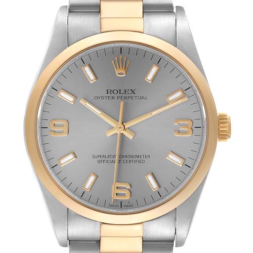 This image shows a front view of a Rolex Oyster Perpetual 14203 Men's Steel and Gold (two tone) Grey Dial 14203 Men's Steel and Gold (two tone) Grey Dial watch, highlighting the dial, hands, bezel, crown, and part of the bracelet.
