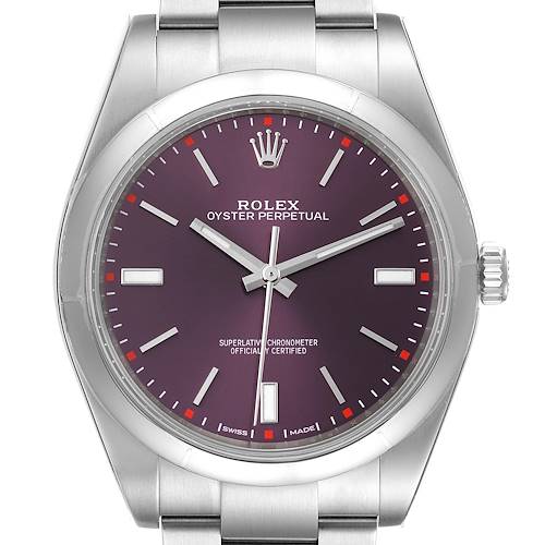 The image shows a frontal view of a Rolex Oyster Perpetual 114300 Men's Stainless Steel Burgundy Dial 114300 Men's Stainless Steel Burgundy Dial watch, highlighting the dial, hands, markers, and part of the bracelet.