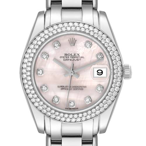 This image shows a full frontal view of the Rolex Pearlmaster 81339 Women's White Gold Mother of Pearl Dial 81339 Women's White Gold Mother of Pearl Dial watch, highlighting its pink dial, diamond bezel, and metal bracelet.