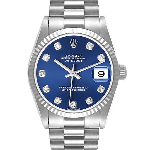 The Rolex President 78279 Women's White Gold Blue Dial 78279 Women's White Gold Blue Dial model watch shown is viewed from the front, displaying the face, bezel, dial, and bracelet.