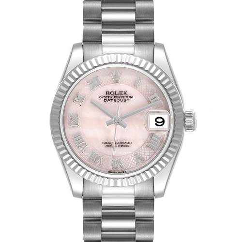 The Rolex President 178279 Women's White Gold Mother of Pearl Dial 178279 Women's White Gold Mother of Pearl Dial model is shown front-on, displaying the dial, fluted bezel, cyclops lens, and bracelet.