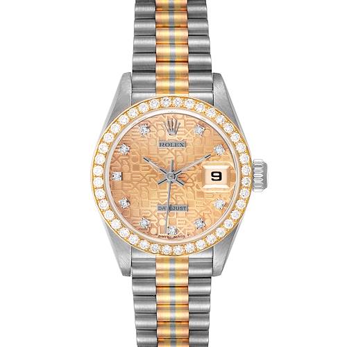 The Rolex President 69139 Women's White Gold Champagne Dial 69139 Women's White Gold Champagne Dial watch model is shown from a front angle, displaying its dial, bezel, and Jubilee bracelet.