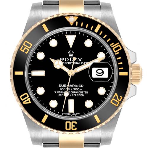 The Rolex Submariner 116613 Men's Steel and Gold (two tone) Black Dial 116613 Men's Steel and Gold (two tone) Black Dial watch is shown from the front, featuring the bezel, dial, and a portion of the bracelet.