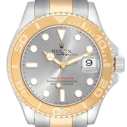 The image shows a Rolex Yacht-Master 16623 Men's Steel and Gold (two tone) Silver Dial 16623 Men's Steel and Gold (two tone) Silver Dial watch from a front angle, highlighting its face, bezel, and part of the bracelet.