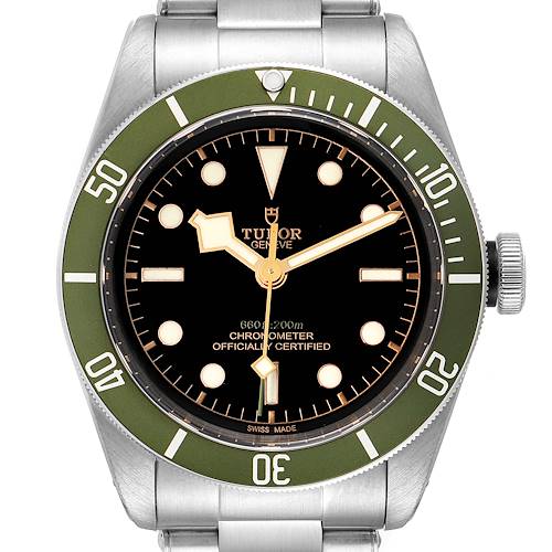 The image shows a front view of the Tudor Heritage Black Bay 79230G Men's Stainless Steel Black Dial 79230G Men's Stainless Steel Black Dial watch, including its face, bezel, and part of the stainless steel bracelet.