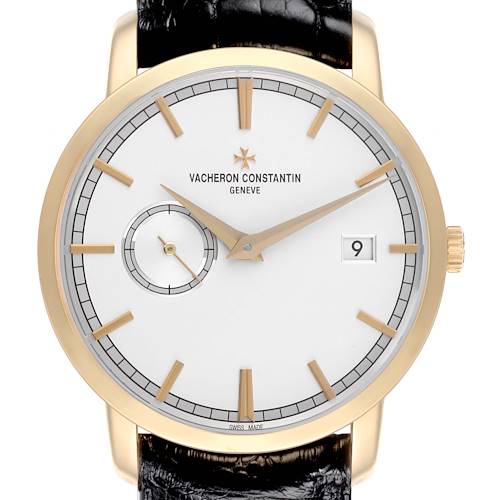 The Vacheron Constantin Traditionnelle 87172/000J-9512 Men's Yellow Gold Silver Dial 87172/000J-9512 Men's Yellow Gold Silver Dial watch is shown from the front, displaying the dial, hands, date window, and crown.