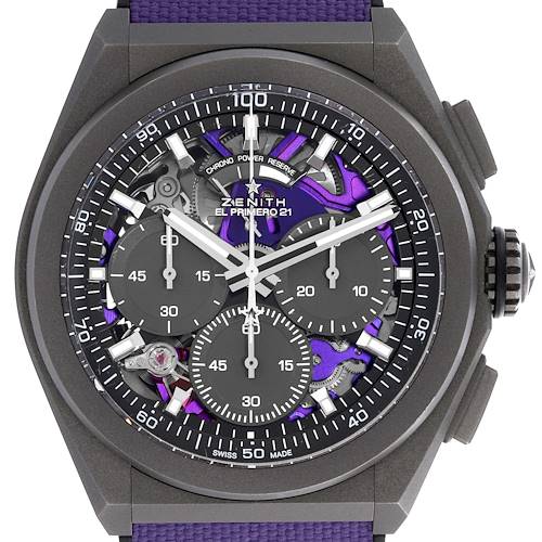 The Zenith Defy 97.9001.9004/80.R922 Men's Titanium Purple Dial 97.9001.9004/80.R922 Men's Titanium Purple Dial watch is shown from the front, highlighting the intricate dial, chronograph subdials, and crown.