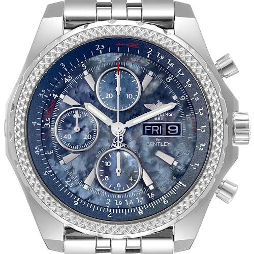 This Breitling Bentley A13362 Men's Stainless Steel Mother of Pearl Dial A13362 Men's Stainless Steel Mother of Pearl Dial model watch is shown from a front angle, featuring its dial, subdials, and bracelet.