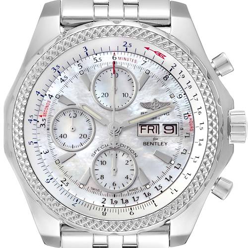 The image shows a front view of the Breitling Bentley A13362 Men's Stainless Steel Mother of Pearl Dial A13362 Men's Stainless Steel Mother of Pearl Dial watch, highlighting its face, subdials, and bracelet.
