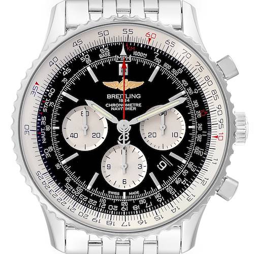 Front view of the Breitling Navitimer AB0127-211-B1A1 Men's Stainless Steel Black Dial AB0127-211-B1A1 Men's Stainless Steel Black Dial watch, showing the face, bezel, and part of the bracelet.