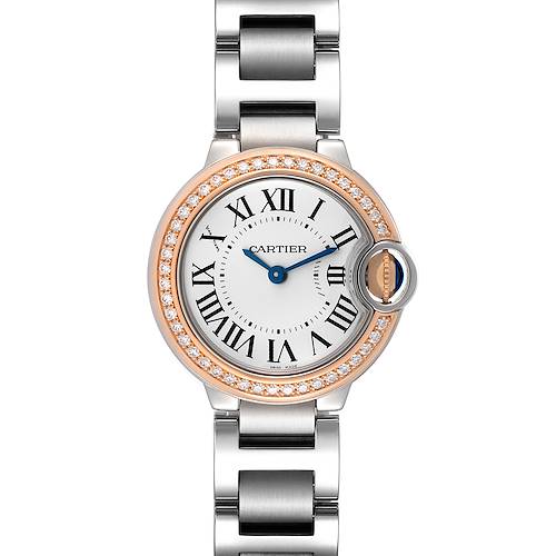 This image shows a front view of the Cartier Ballon Bleu WE902079 Women's Steel and Gold (two tone) Silver Dial WE902079 Women's Steel and Gold (two tone) Silver Dial watch, featuring its face, bezel, and bracelet.