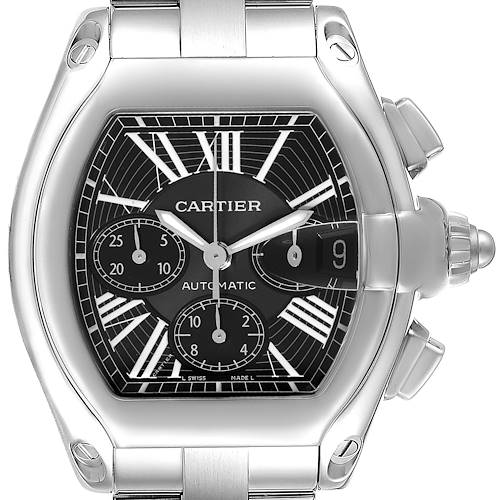 The image shows a frontal view of the Cartier Roadster W62020X6 Men's Stainless Steel Black Dial W62020X6 Men's Stainless Steel Black Dial watch, highlighting its black dial, Roman numerals, subdials, and stainless steel case.