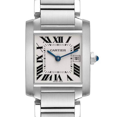 The Cartier Tank Francaise W51011Q3 Women's Stainless Steel Silver Dial W51011Q3 Women's Stainless Steel Silver Dial watch is shown from a front angle, highlighting the dial, Roman numerals, and metal bracelet.