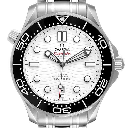 The Omega Seamaster 210.30.42.20.04.001 Men's Stainless Steel White Dial 210.30.42.20.04.001 Men's Stainless Steel White Dial watch is displayed from the front, showing the dial, bezel, and part of the bracelet.