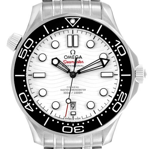 The Omega Seamaster 210.30.42.20.04.001 Men's Stainless Steel White Dial 210.30.42.20.04.001 Men's Stainless Steel White Dial watch is shown from the front, highlighting the dial, bezel, and crown.