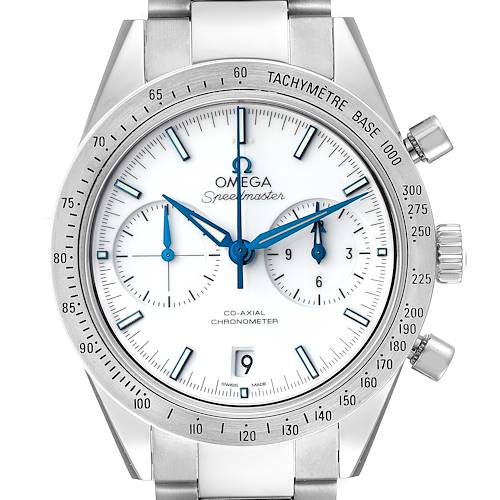 This image shows a front view of an Omega Speedmaster 331.90.42.51.04.001 Men's Titanium White Dial 331.90.42.51.04.001 Men's Titanium White Dial watch, highlighting the face, hands, subdials, and tachymeter bezel.