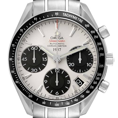 The image shows a front view of the Omega Speedmaster 323.30.40.40.02.001 Men's Stainless Steel White Dial 323.30.40.40.02.001 Men's Stainless Steel White Dial watch, highlighting its tachymeter bezel, chronograph subdials, and date window.
