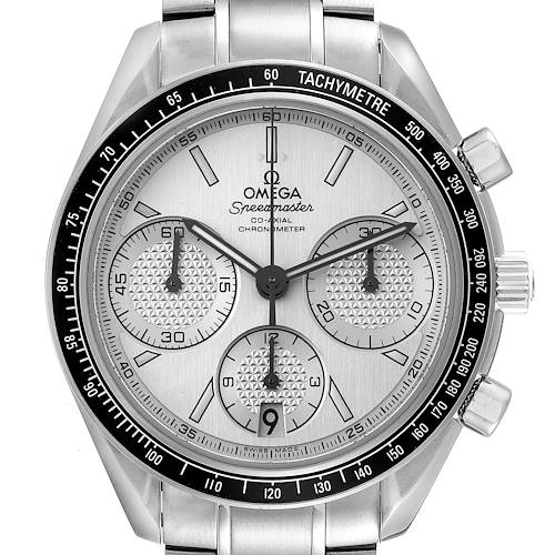 This is a frontal view of an Omega Speedmaster 326.30.40.50.02.001 Men's Stainless Steel Silver Dial 326.30.40.50.02.001 Men's Stainless Steel Silver Dial watch showcasing its dial, tachymeter bezel, and chronograph sub-dials.