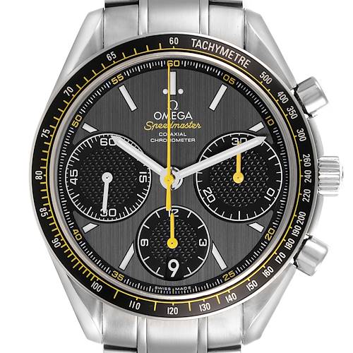 The Omega Speedmaster 326.30.40.50.06.001 Men's Stainless Steel Grey Dial 326.30.40.50.06.001 Men's Stainless Steel Grey Dial watch is shown from the front, highlighting the dial, subdials, tachymeter bezel, and stainless steel bracelet.