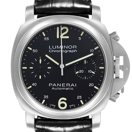 The image shows a front view of a Panerai Luminor PAM00310 Men's Stainless Steel Black Dial PAM00310 Men's Stainless Steel Black Dial watch, highlighting the dial, case, and crown guard.