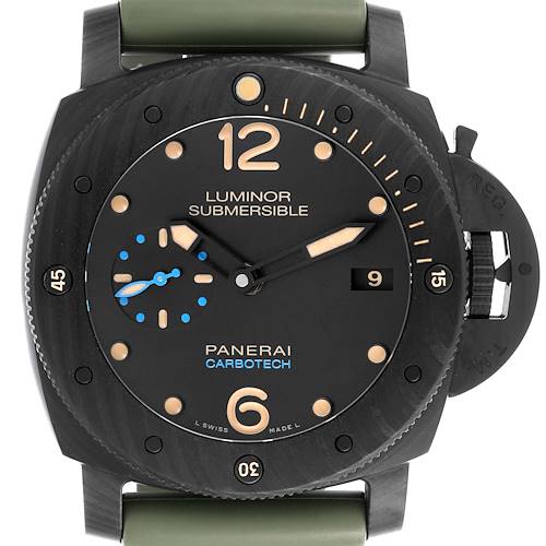 The Panerai Submersible PAM00616 Men's Ceramic Black Dial PAM00616 Men's Ceramic Black Dial watch is shown from the front, displaying the face, bezel, and crown guard.