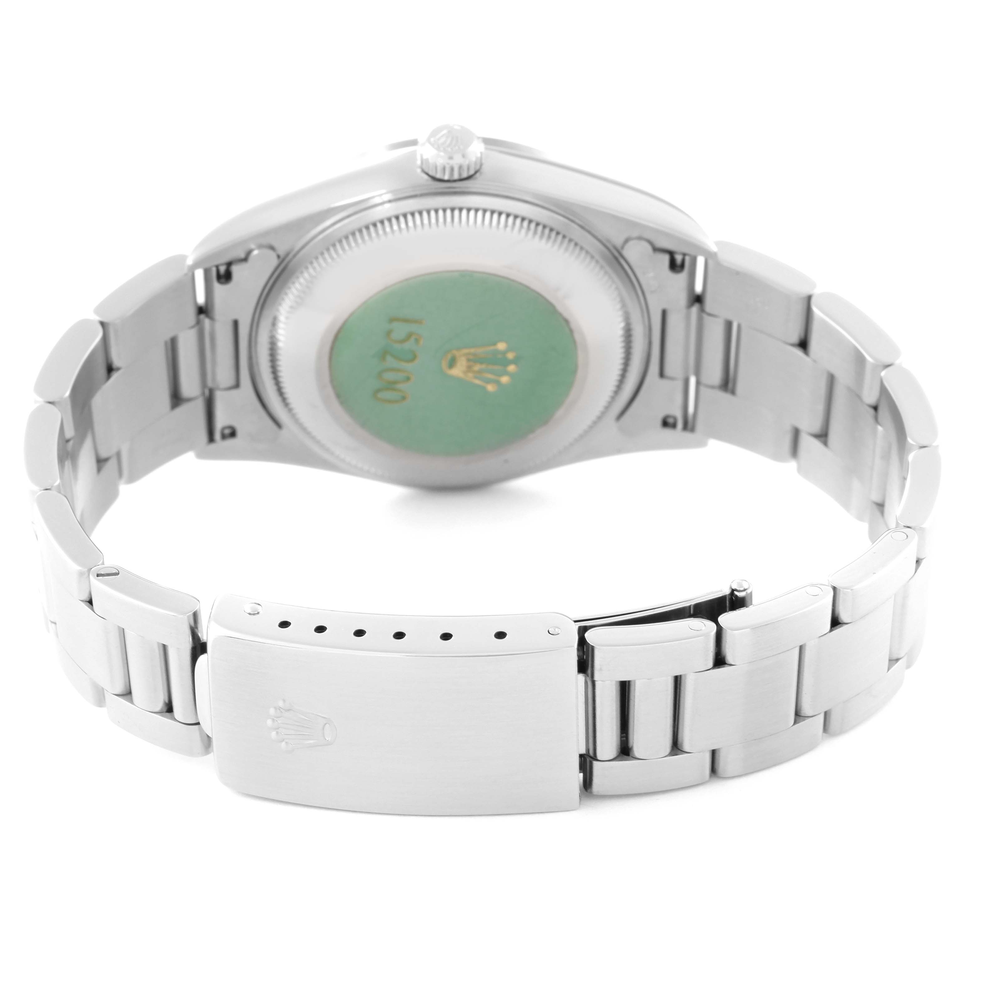 This image shows the back view of a Rolex Date 15200 Men's Stainless Steel Pink Dial 15200 Men's Stainless Steel Pink Dial model watch, focusing on its bracelet, clasp, and case back.