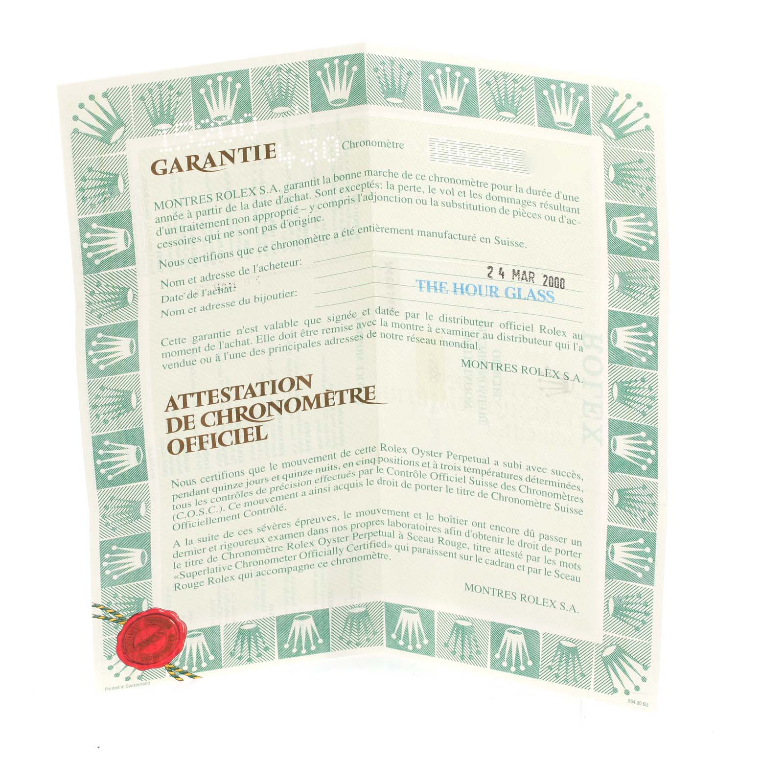 The image shows the warranty and certification documents of a Rolex Date 15200 Men's Stainless Steel Pink Dial 15200 Men's Stainless Steel Pink Dial model watch, displayed open.