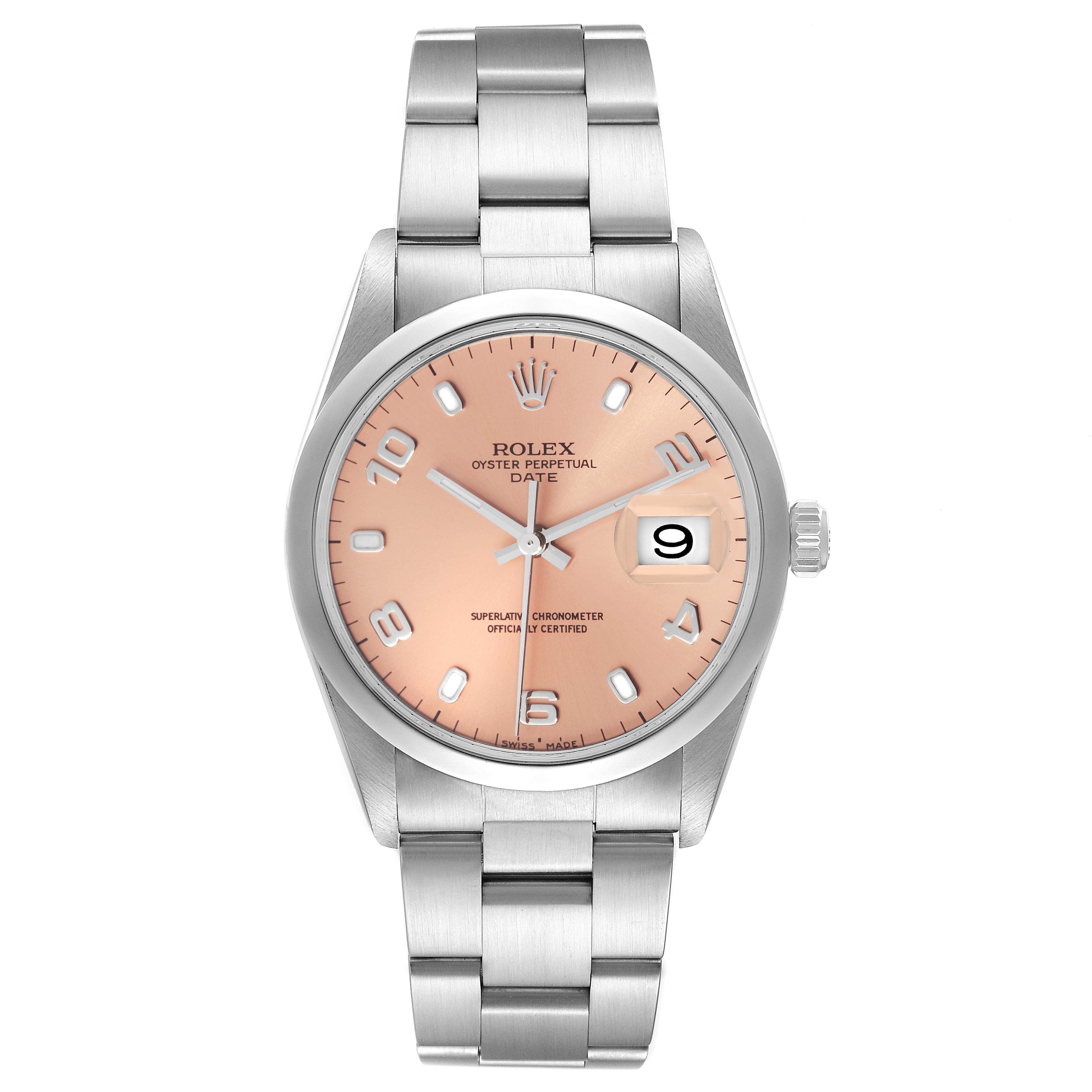 The Rolex Date 15200 Men's Stainless Steel Pink Dial 15200 Men's Stainless Steel Pink Dial model watch is shown from a top-down angle, displaying its face, bezel, crown, and bracelet.