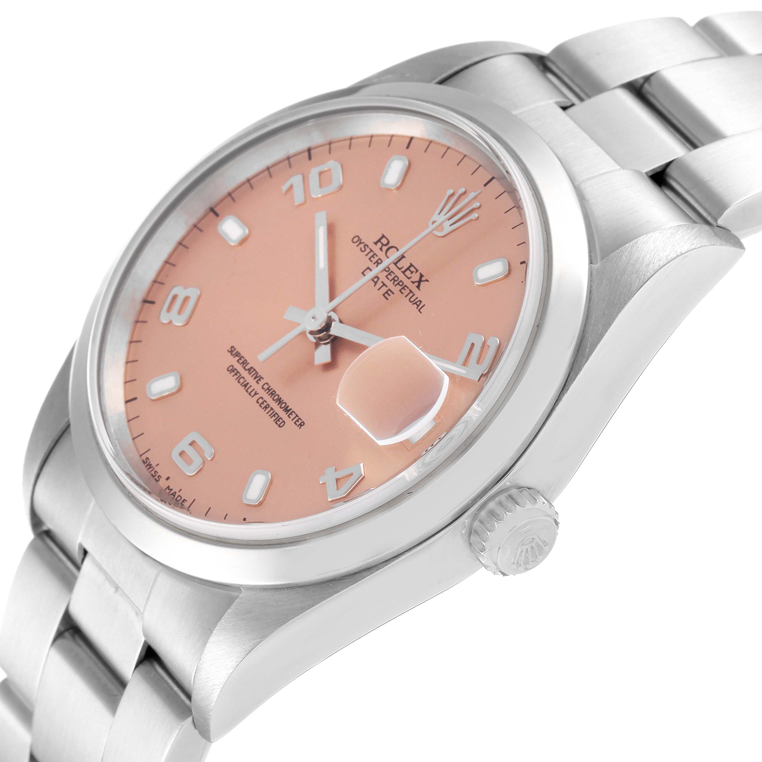 This image shows the Rolex Date 15200 Men's Stainless Steel Pink Dial 15200 Men's Stainless Steel Pink Dial model watch at a slight angle, highlighting the dial, case, bracelet, and crown.
