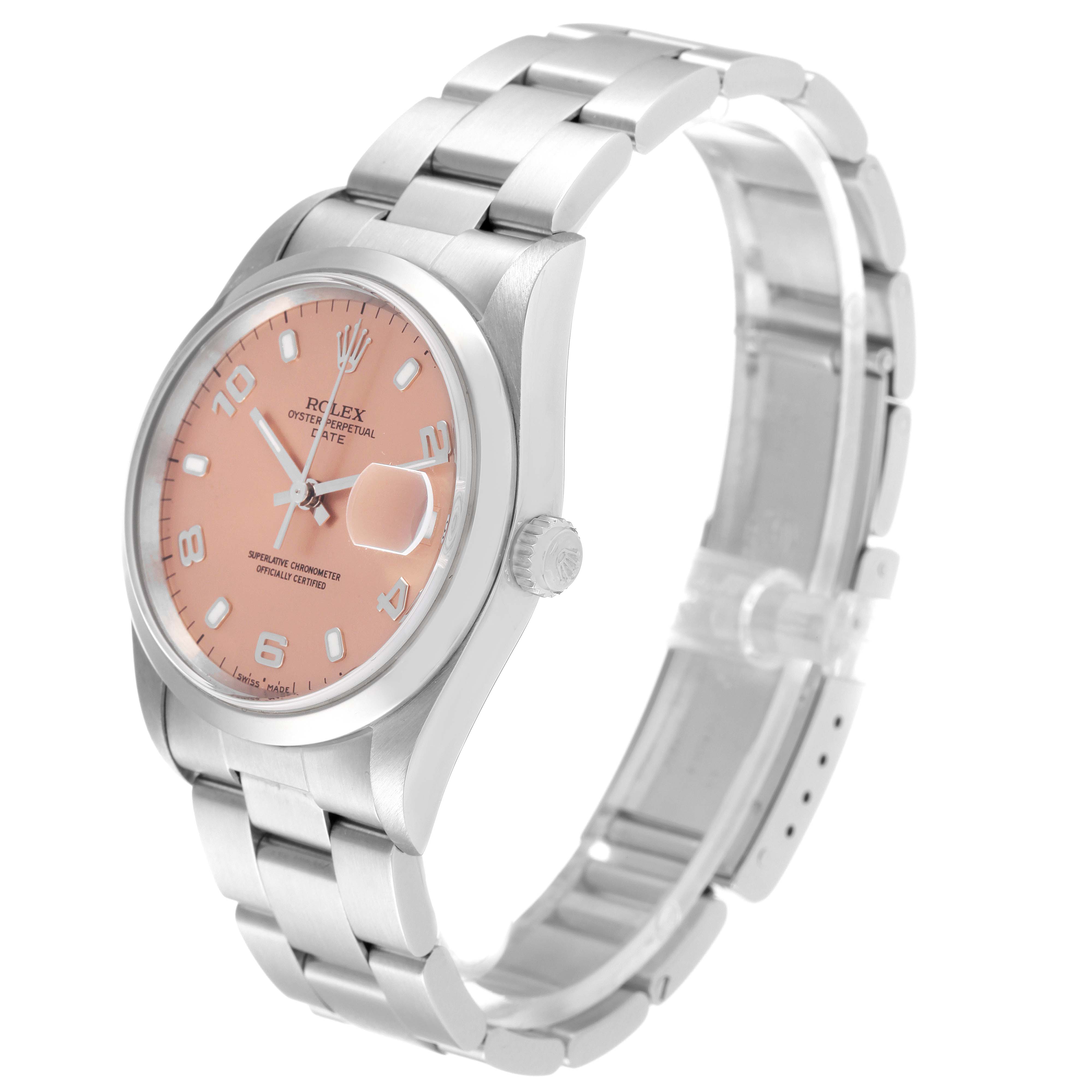 The image shows a Rolex Date 15200 Men's Stainless Steel Pink Dial 15200 Men's Stainless Steel Pink Dial watch with a pink dial, silver hour markers, and a stainless steel bracelet at a slight side angle.