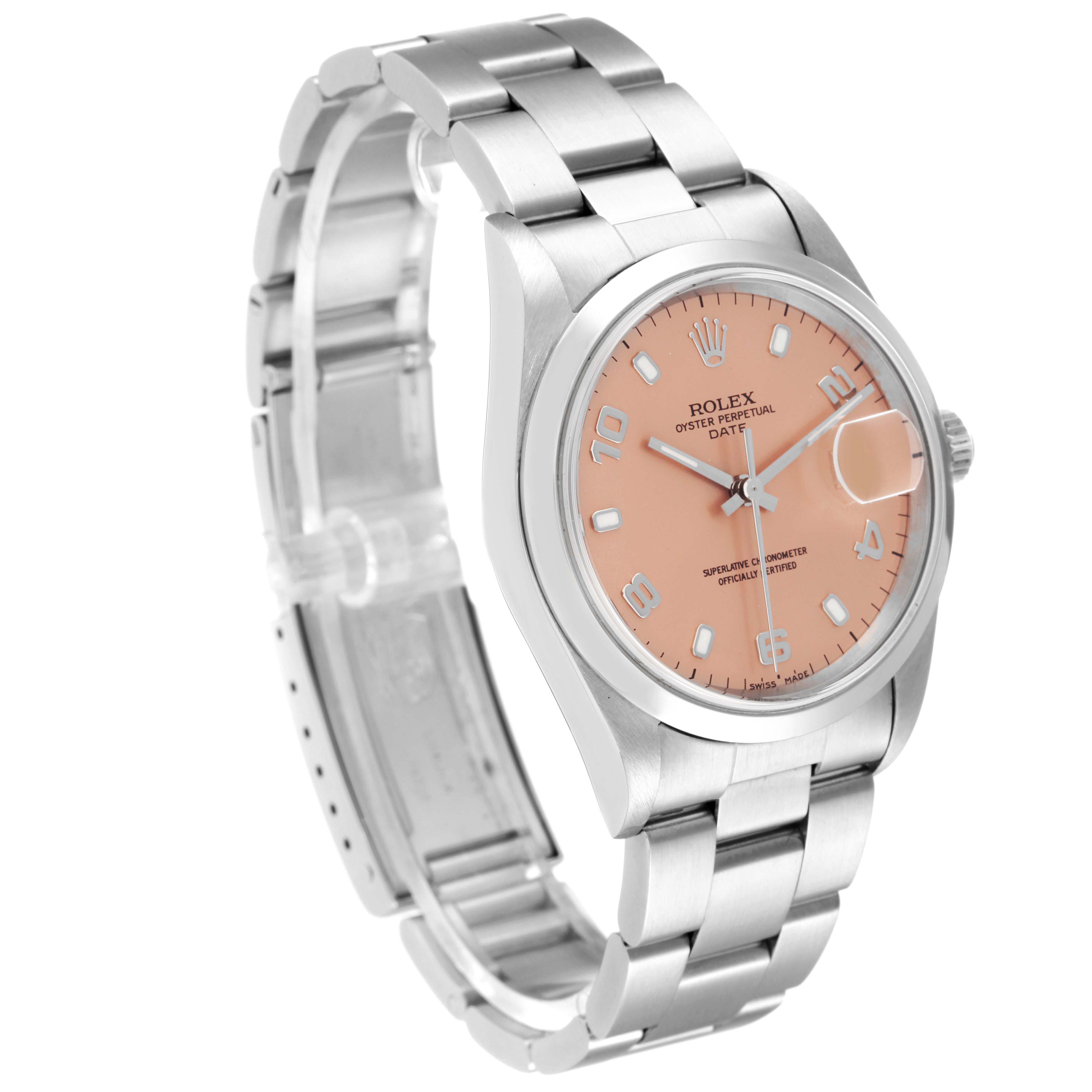 The image shows a Rolex Date 15200 Men's Stainless Steel Pink Dial 15200 Men's Stainless Steel Pink Dial model watch angled to display its face, bracelet, and clasp.