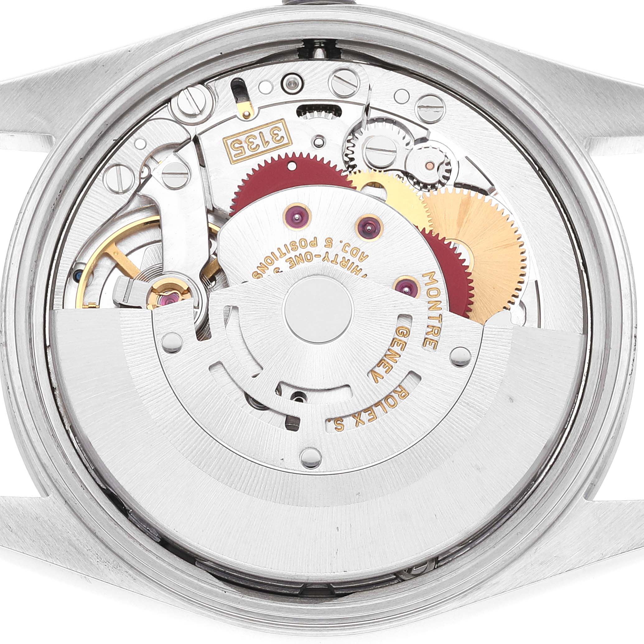 This image shows the internal mechanical movement of a Rolex Date 15200 Men's Stainless Steel Pink Dial 15200 Men's Stainless Steel Pink Dial model watch, viewed from the back.