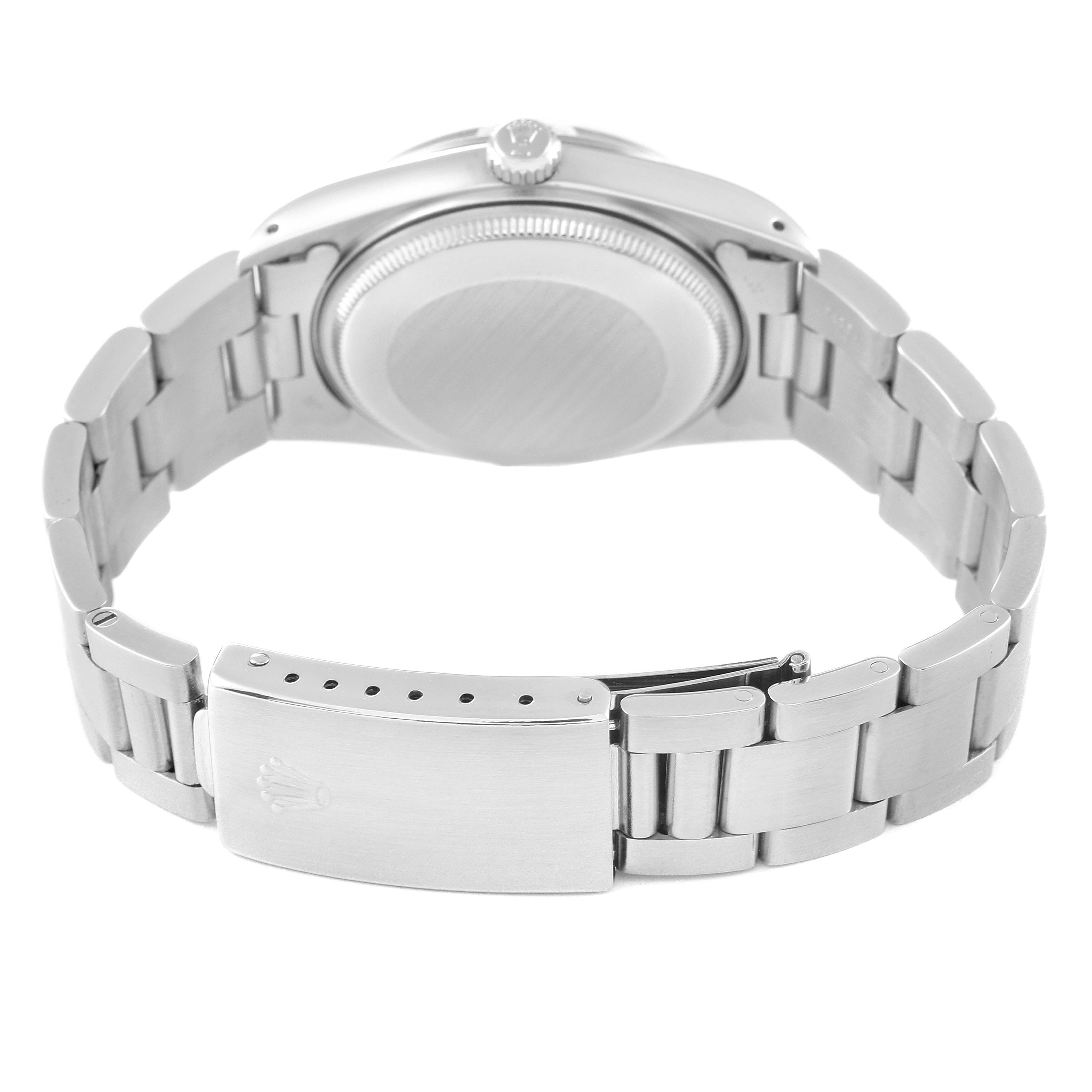 The image shows the back view of a Rolex Date 15000 Men's Stainless Steel Silver Dial 15000 Men's Stainless Steel Silver Dial model watch, focusing on the clasp and case back.