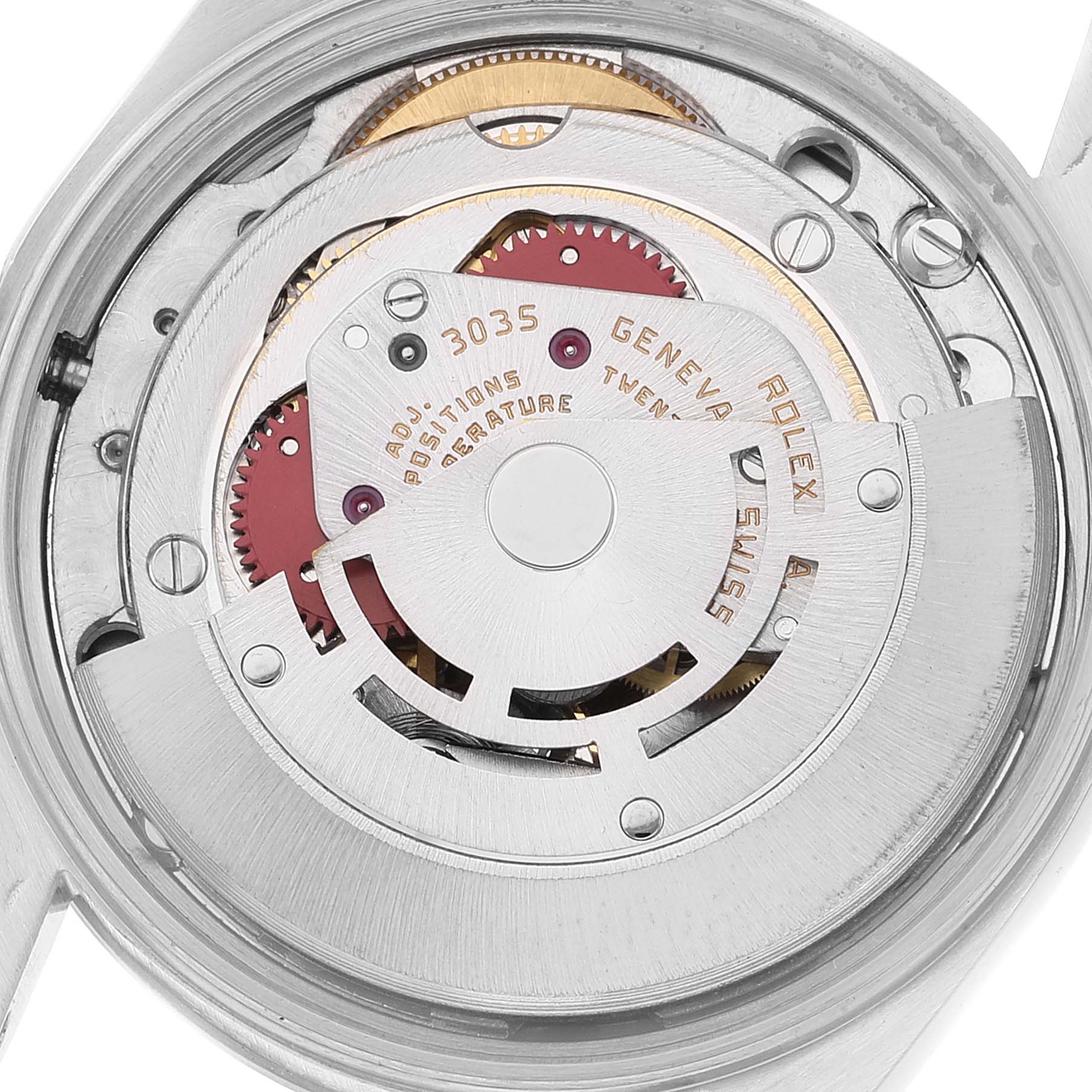 This image shows the inner movement mechanisms of the Rolex Date 15000 Men's Stainless Steel Silver Dial 15000 Men's Stainless Steel Silver Dial model watch from a back angle.