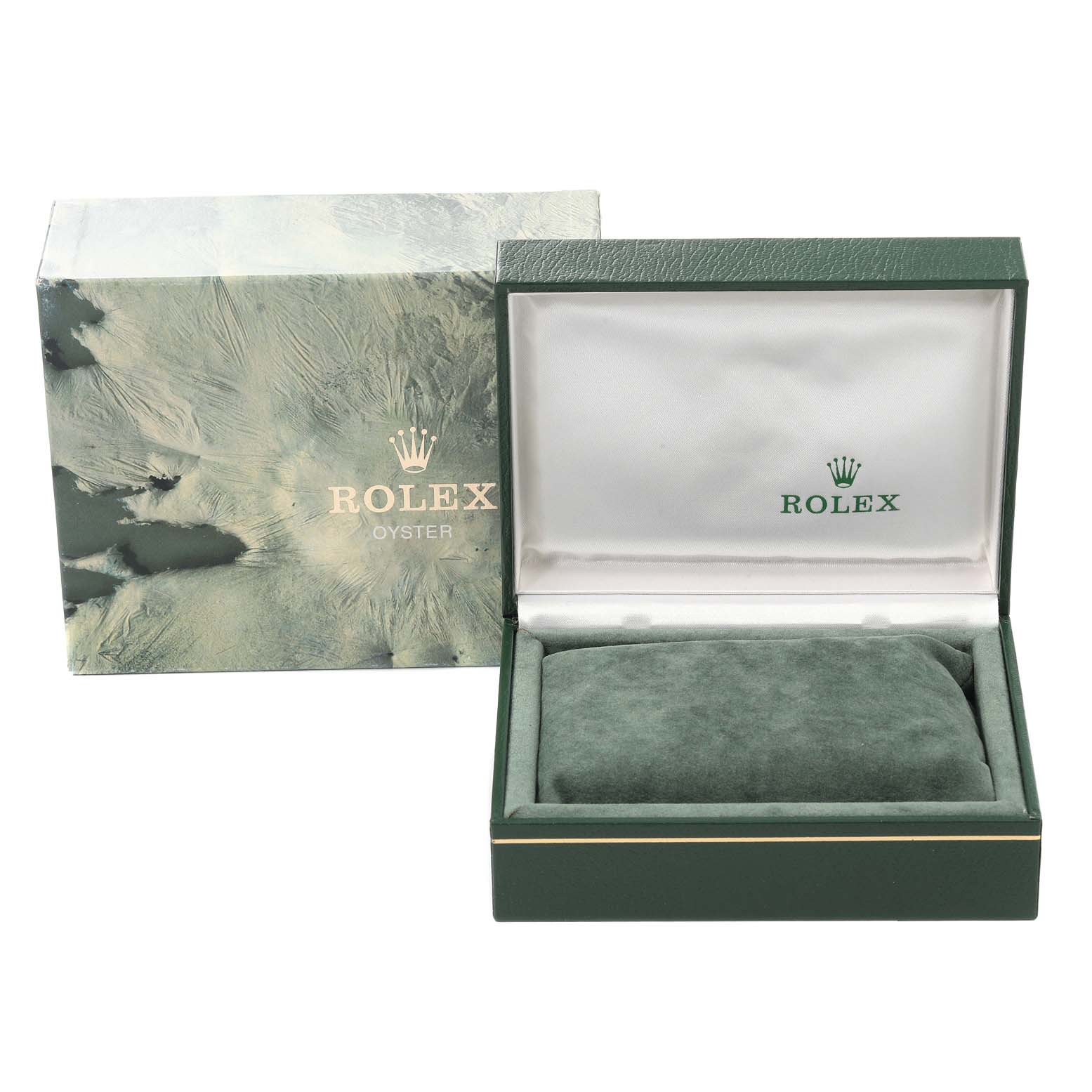 The image shows a Rolex Date 15000 Men's Stainless Steel Silver Dial 15000 Men's Stainless Steel Silver Dial model watch box, including an outer box and a cushioned interior.