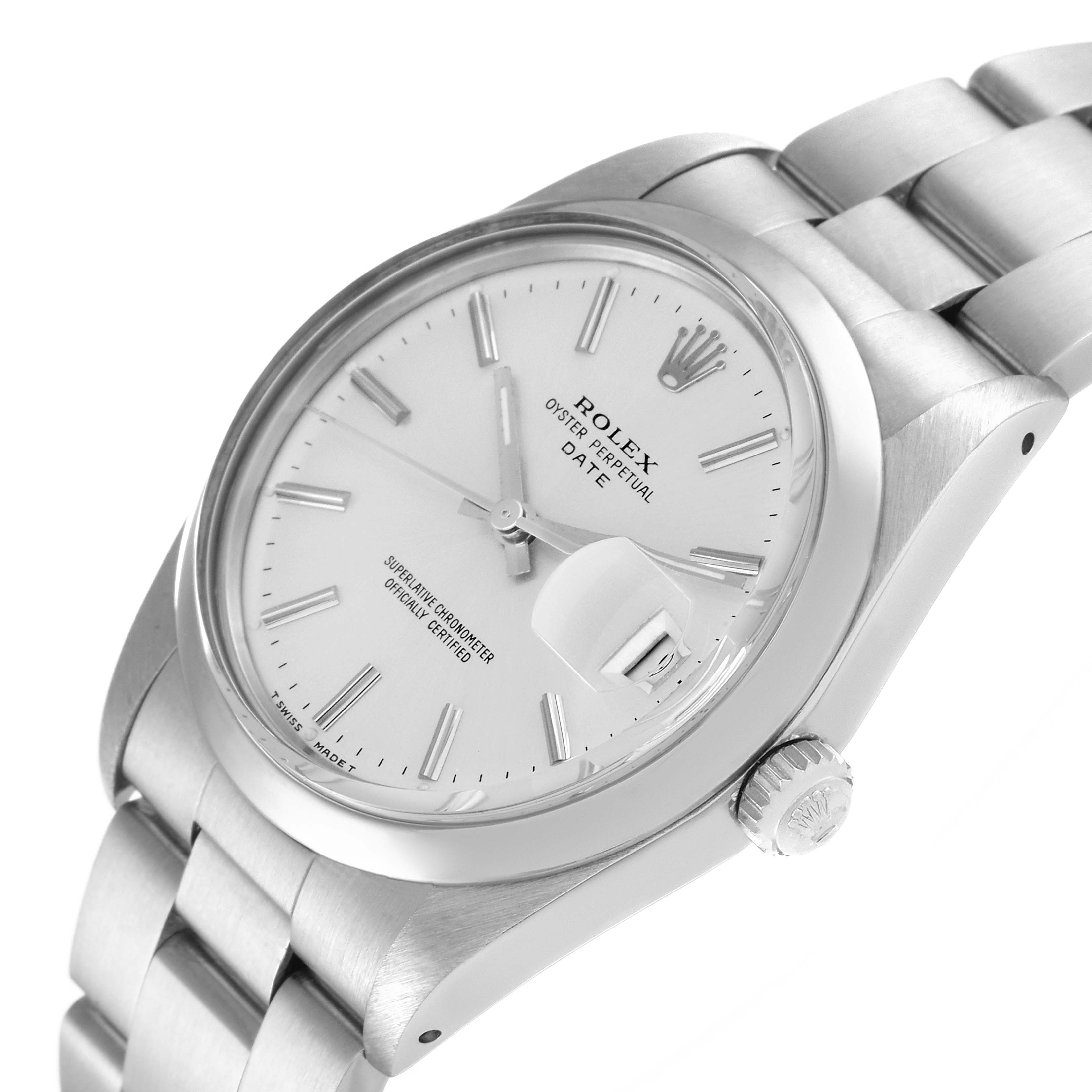 The image shows a Rolex Date 15000 Men's Stainless Steel Silver Dial 15000 Men's Stainless Steel Silver Dial model watch from an angled side view, highlighting its face, bezel, crown, and part of the bracelet.
