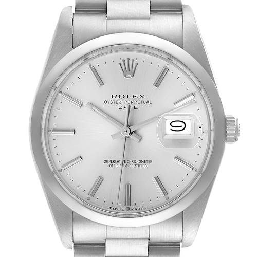 The image shows a Rolex Date 15000 Men's Stainless Steel Silver Dial 15000 Men's Stainless Steel Silver Dial model watch from a front angle, highlighting the dial, hands, date window, and part of the bracelet.
